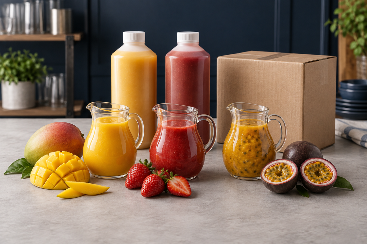 Fruit purées and bulk ingredient bottles arranged at a café preparation counter