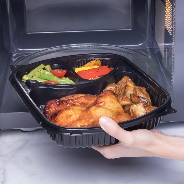 Karat 36 oz Microwaveable Take-Out Box, 3-Compartment, PP, Black — 300 ct