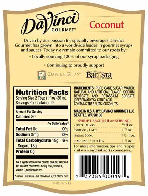 Coconut DaVinci Syrup Bottle - 750mL-Syrups-DaVinci Gourmet-Restaurant Supply Drop