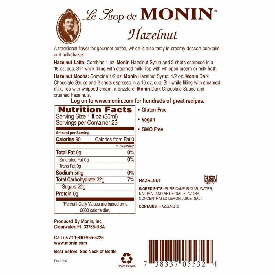 Monin Hazelnut Syrup Bottle - 750ml-Syrups-monin-Restaurant Supply Drop